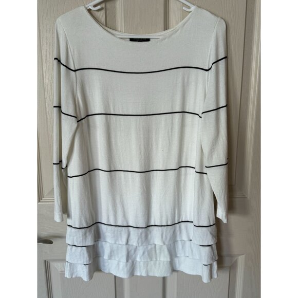 Lafayette 148 NY Ivory Striped 3/4 Sleeve Boat Neck Tiered Hem Boat‎ Neck blouse - Picture 2 of 7